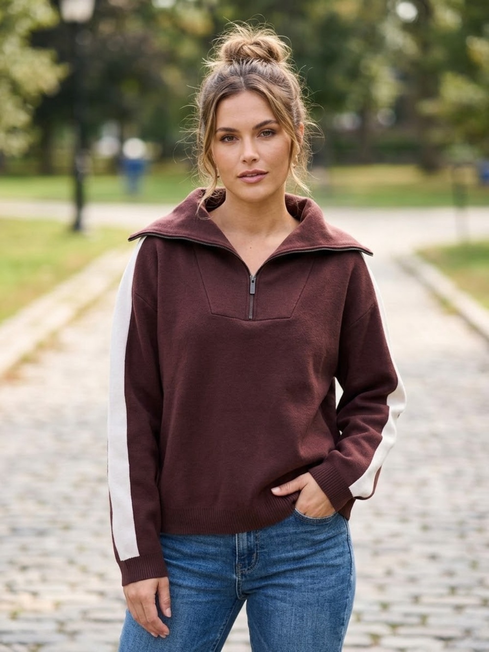 ZARA Half-Zip Pullover Sweater in Dark Brown with Contrast Stripe size medium
